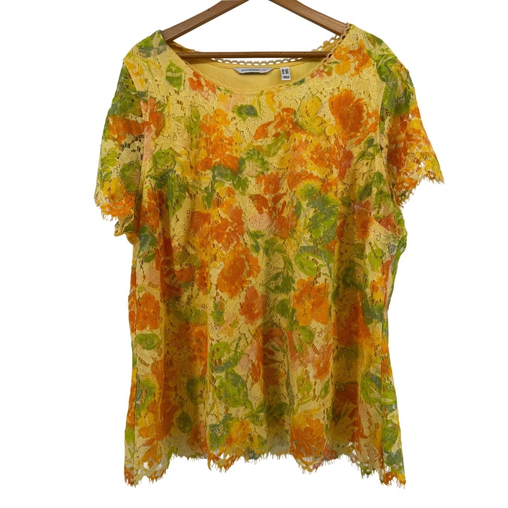 Isaac Mizrahi Live Womens Yellow Floral Lace Short Sleeve Blouse 2X Chic Flowy